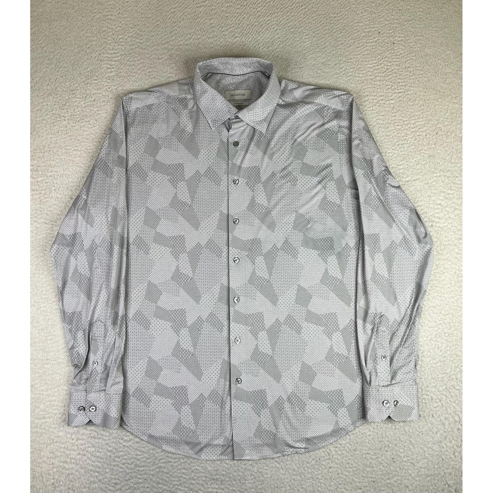 Bugatchi 8 Way Stretch Shirt Mens XL Gray Geometric Button Up LS FF9408K81